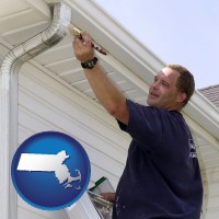 massachusetts map icon and a painting contractor brushing paint on an aluminum leader