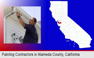 a painting contractor brushing paint on an aluminum leader; Alameda County highlighted in red on a map