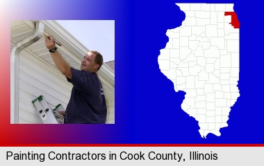 a painting contractor brushing paint on an aluminum leader; Cook County highlighted in red on a map
