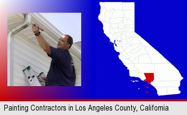 a painting contractor brushing paint on an aluminum leader; Los Angeles County highlighted in red on a map