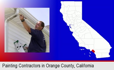 a painting contractor brushing paint on an aluminum leader; Orange County highlighted in red on a map