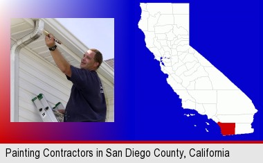 a painting contractor brushing paint on an aluminum leader; San Diego County highlighted in red on a map