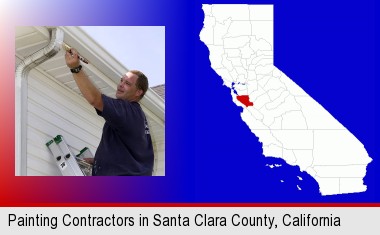 a painting contractor brushing paint on an aluminum leader; Santa Clara County highlighted in red on a map
