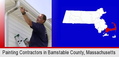 a painting contractor brushing paint on an aluminum leader; Barnstable County highlighted in red on a map