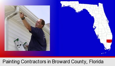 a painting contractor brushing paint on an aluminum leader; Broward County highlighted in red on a map