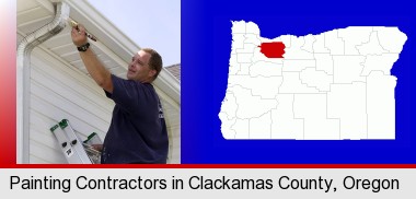 a painting contractor brushing paint on an aluminum leader; Clackamas County highlighted in red on a map