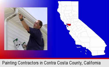 a painting contractor brushing paint on an aluminum leader; Contra Costa County highlighted in red on a map