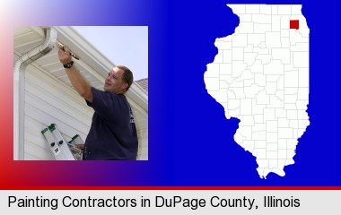 a painting contractor brushing paint on an aluminum leader; DuPage County highlighted in red on a map