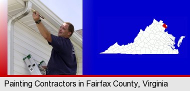 a painting contractor brushing paint on an aluminum leader; Fairfax County highlighted in red on a map