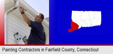 a painting contractor brushing paint on an aluminum leader; Fairfield County highlighted in red on a map