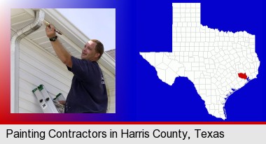 a painting contractor brushing paint on an aluminum leader; Harris County highlighted in red on a map