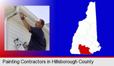 a painting contractor brushing paint on an aluminum leader; Hillsborough County highlighted in red on a map