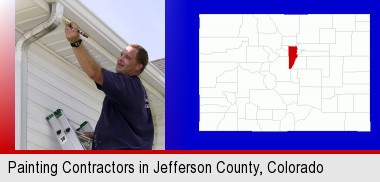 a painting contractor brushing paint on an aluminum leader; Jefferson County highlighted in red on a map