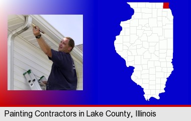 a painting contractor brushing paint on an aluminum leader; LaSalle County highlighted in red on a map