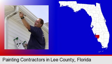 a painting contractor brushing paint on an aluminum leader; Lee County highlighted in red on a map