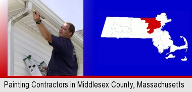 a painting contractor brushing paint on an aluminum leader; Middlesex County highlighted in red on a map