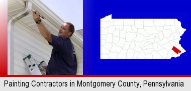 a painting contractor brushing paint on an aluminum leader; Montgomery County highlighted in red on a map