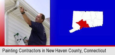 a painting contractor brushing paint on an aluminum leader; New Haven County highlighted in red on a map