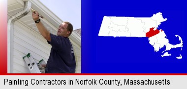 a painting contractor brushing paint on an aluminum leader; Norfolk County highlighted in red on a map