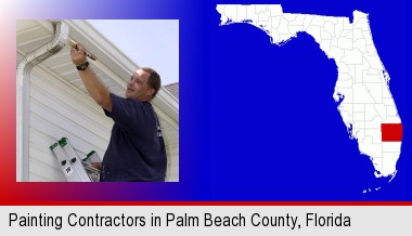 a painting contractor brushing paint on an aluminum leader; Palm Beach County highlighted in red on a map