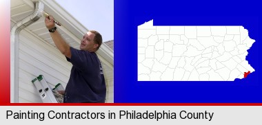 a painting contractor brushing paint on an aluminum leader; Philadelphia County highlighted in red on a map