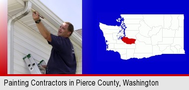 a painting contractor brushing paint on an aluminum leader; Pierce County highlighted in red on a map