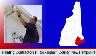 a painting contractor brushing paint on an aluminum leader; Rockingham County highlighted in red on a map