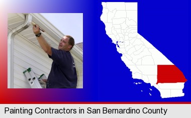 a painting contractor brushing paint on an aluminum leader; San Bernardino County highlighted in red on a map